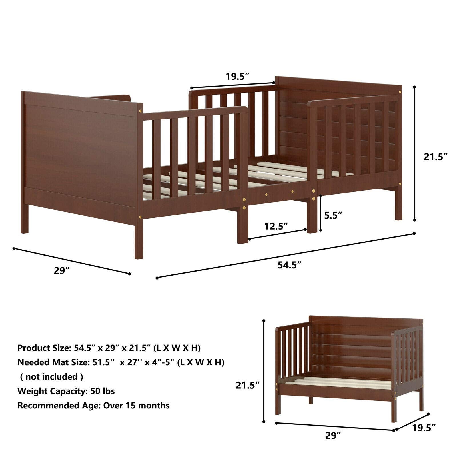 Costzon 2-in-1 Convertible Toddler Bed Frame with Safety Guardrails & Footboard - Brown - WoodArtSupply