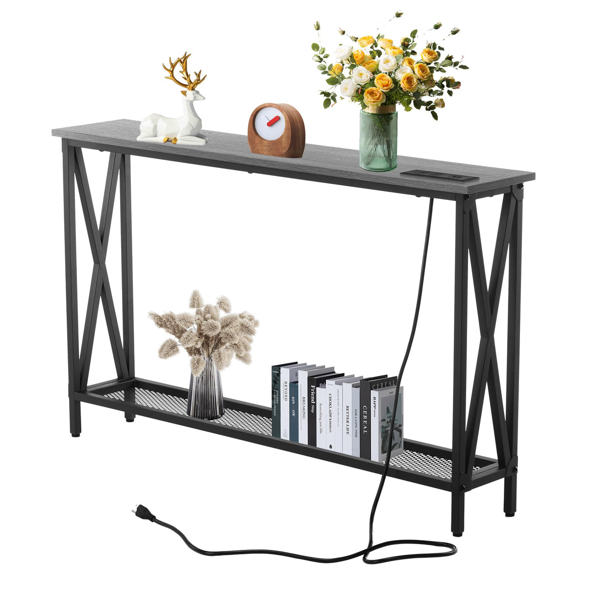 Forevich Console Table Sofa Entryway Couch Table with USB Power Outlet for Living Room Hallway Mesh Shelf 47 Inch Grey Oak Forevich