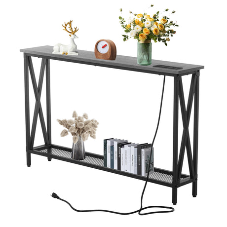 Forevich Console Table Sofa Entryway Couch Table with USB Power Outlet for Living Room Hallway Mesh Shelf 47 Inch Grey Oak Forevich