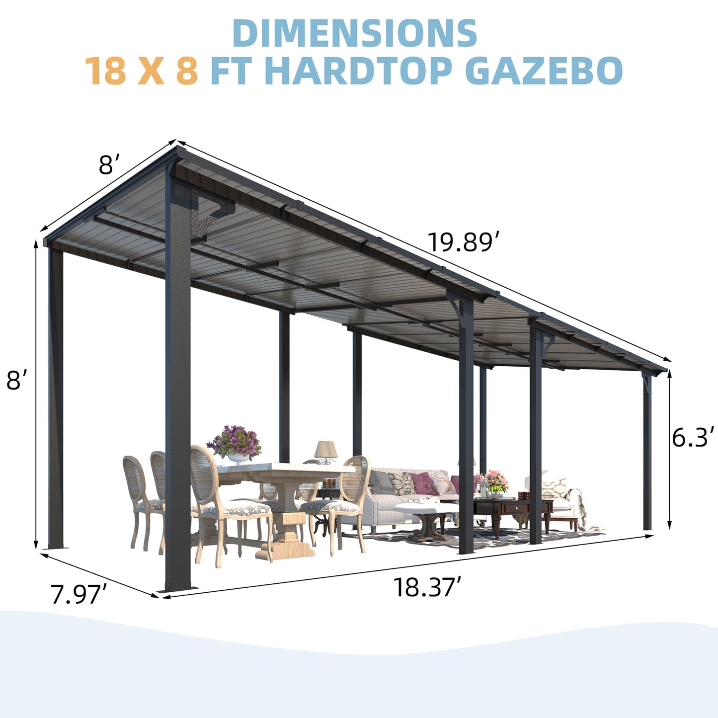 AECOJOY 18' x 8' Gazebo for Patio, Large Wall-Mounted Hard Top Lean-to Gazebo Pergola with Roof 8' x 18' on Clearance, Heavy Duty Patio Awnings for Decks, Backyard