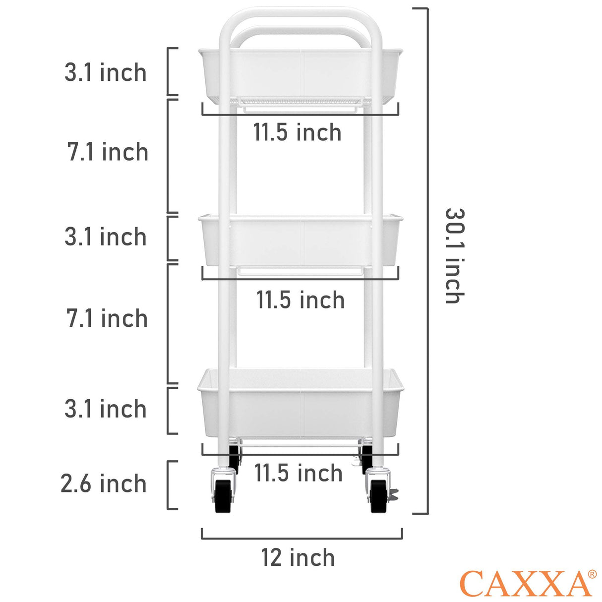 CAXXA 3-Tier Rolling Metal Storage Organizer - Mobile Utility Cart Kitchen Cart with Caster Wheels, White CAXXA