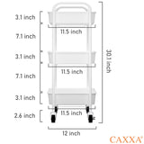 CAXXA 3-Tier Rolling Metal Storage Organizer - Mobile Utility Cart Kitchen Cart with Caster Wheels, White CAXXA
