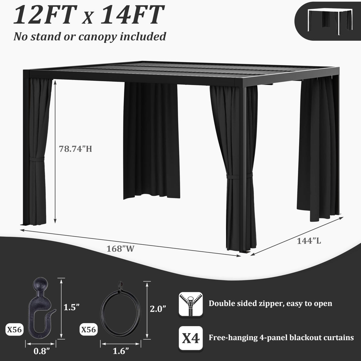 Kimunuk Gazebo Universal Replacement Privacy Curtain,12'X14' Gazebo Outdoor Waterproof Curtains, 4-Panels Sidewall Curtains with Double Zipper for Patio, Garden and Backyard (Only Curtains, Black) Kimunuk