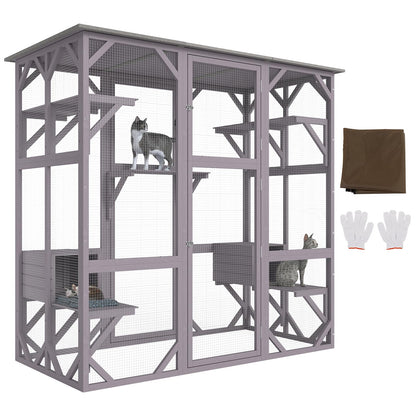 VEVOR Cat Cage Condo Catio Outdoor/Indoor Cat Enclosure, Wooden Cat House with 5 Platforms, 7-Tier Pet Playpen with 2 Resting Box, Cat Crate Cat Kennel with Waterproof Roof, 71.2"L x 34.6"W x 66.5"H