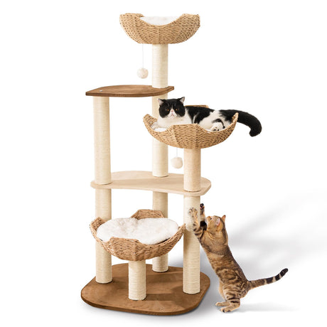 Big Modern Design Cat Tree Tower with White Cloud Mat, Unique Cat Supplies Tower with Scratching Post, Cute Wood Cat Tree Cat Furniture Activity Centre for Indoor Big Cats SHODMI