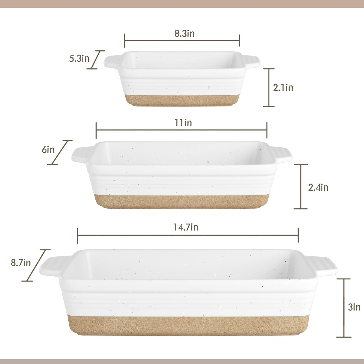 YMASINS Ceramic Baking Dish, Casserole Dishes for Oven, Extra Deep Lasagna Pans with Handles, Rectangular Bakeware Set of 3 from Oven to Table, Easy to Clean, 14.7 x 8.7 x 3 Inches, White YMASINS