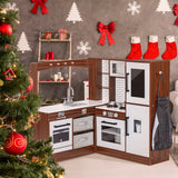 BRINJOY Corner Play Kitchen for Kids, Wooden Toddler Kitchen Playset w/Faucet, Sink, Microwave, Oven, Apron, Blackboard, Storage Cabinets, Pretend Cooking Toys w/Sound & Light Gift for Ages 3+ BRINJOY