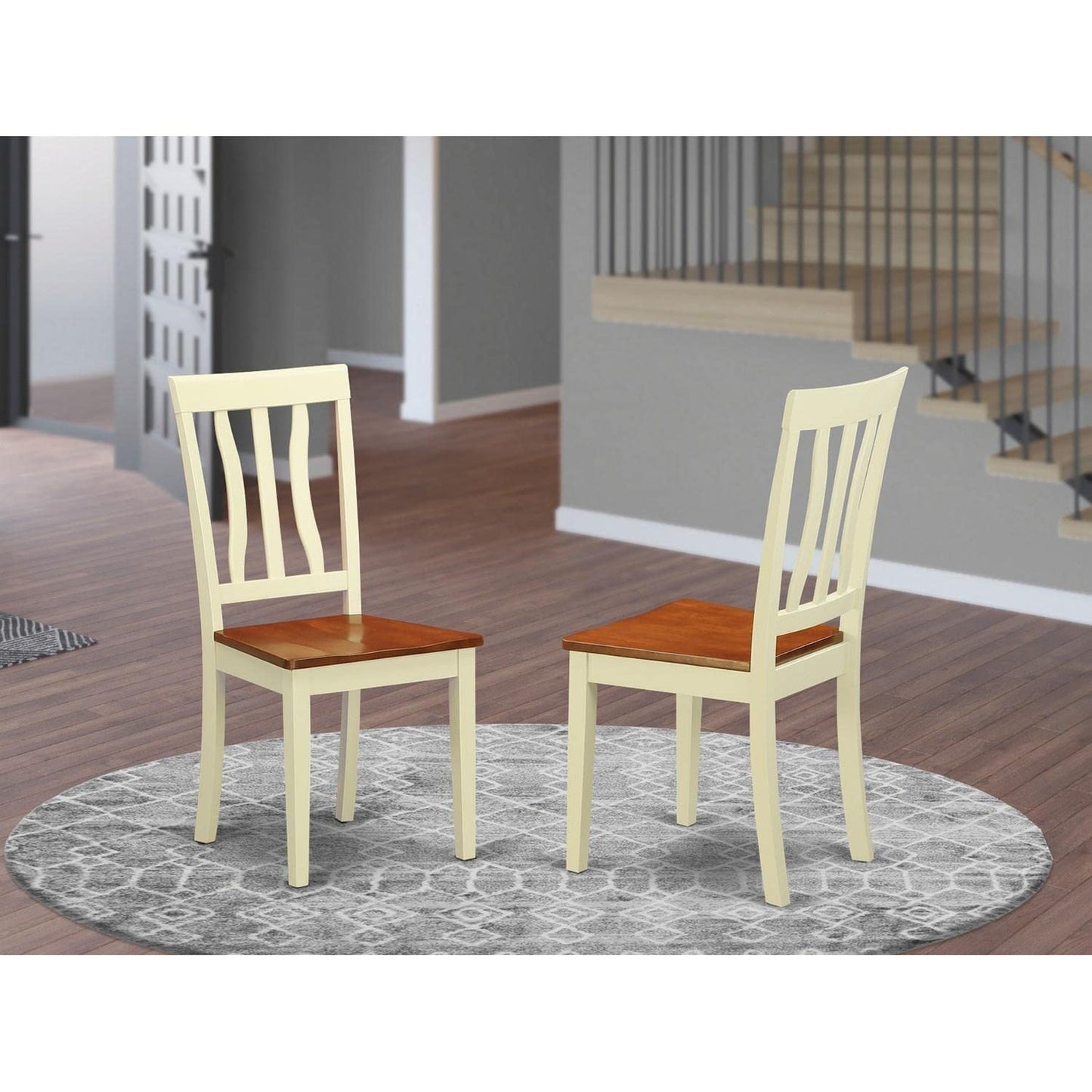 East West Furniture Antique Dining Room Slat Back Solid Wood Seat Chairs, Set of 2, Buttermilk & Cherry
