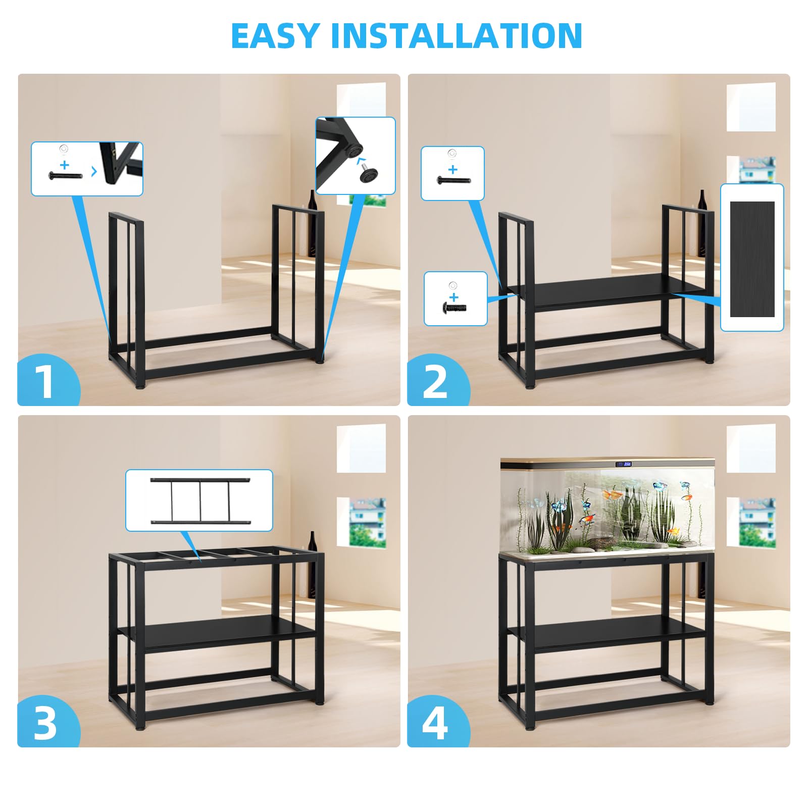 VOWNER 40-50 Gallon Fish Tank Stand - Metal Aquarium Stand, 36.6" x 18.5" x 29.5" Adjustable Heavy Duty Reptile Tank Stand, Adjustable 2-Tier Fish Tank Rack Shelf for Home Office, Tank not In - WoodArtSupply