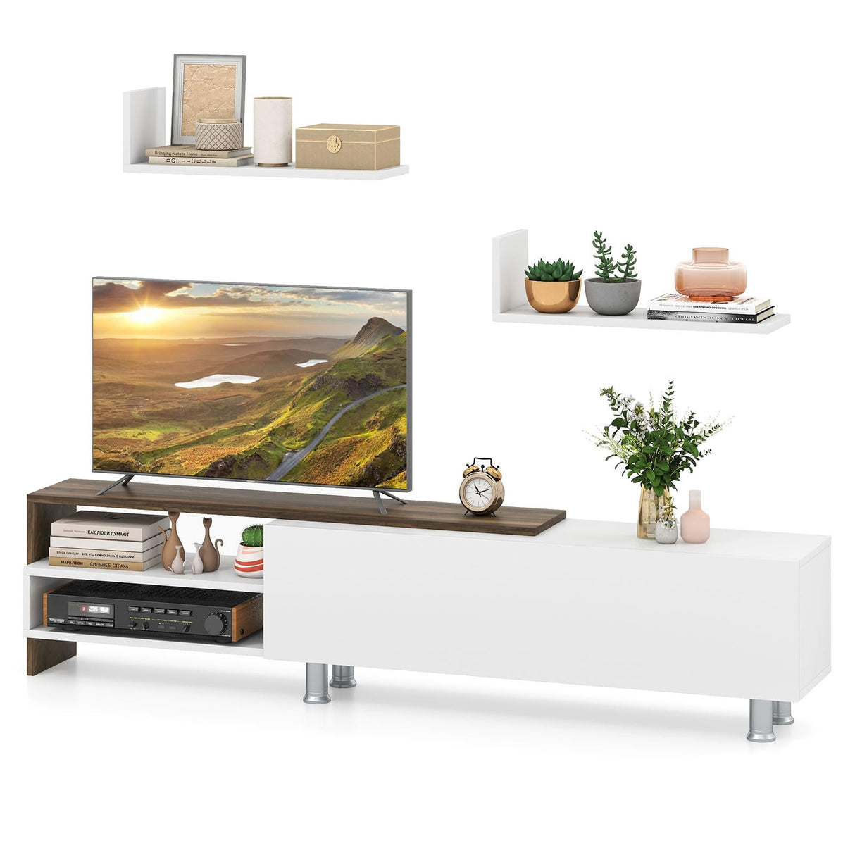 Tangkula White TV Stand with 2 Wall Shelves, Modern Entertainment Center for TVs up to 80 Inches, TV Cabinet with 2 Storage Compartments and Cabinet, Media Console Table for Living Room, Study (White) Tangkula