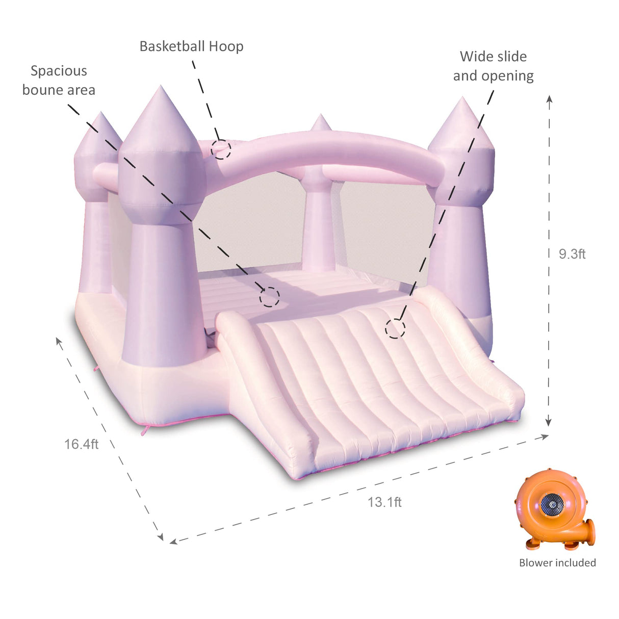 Bounceland Party Castle DayDreamer Cotton Candy Bounce House, 16.4 ft L x 13.1 ft W x 9.3 ft H, Basketball Hoop, UL Blower included, Trendy Pastel Color, Fun Slide & Bounce Area, Castle Theme for Kids Bounceland