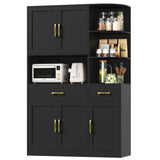 BOTLOG 67" Kitchen Pantry Cabinet, Modern Kitchen Hutch with 5 Doors and 2 Drawers, 3-Tier External Shelf, Large Pantry Storage Cabinet with Microwave Stand for Dining Room, Black BOTLOG