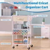 Craft Cart and Organizer Table Compatible with Craft Cutting Machine - Rolling Storage Organizer with Drawer & Vinyl Roll Holder, Crafting Table Workstation Holder for Craft Room Home Office (White) Jolensoy