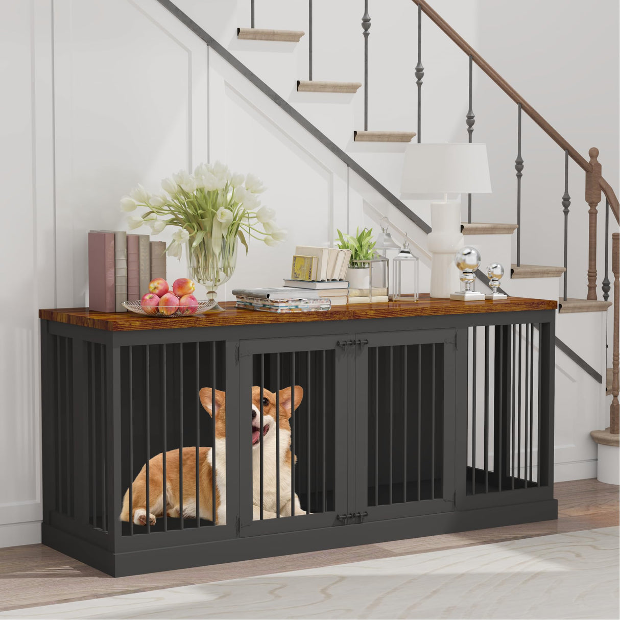 71 inches Extra Large Dog Crate Furniture Indoor Wooden Dog Kennel Furniture Heavy Duty Dog Crates TV Stand with Removable Divider for 2 Large Medium Small Dogs Black NEBZHASK