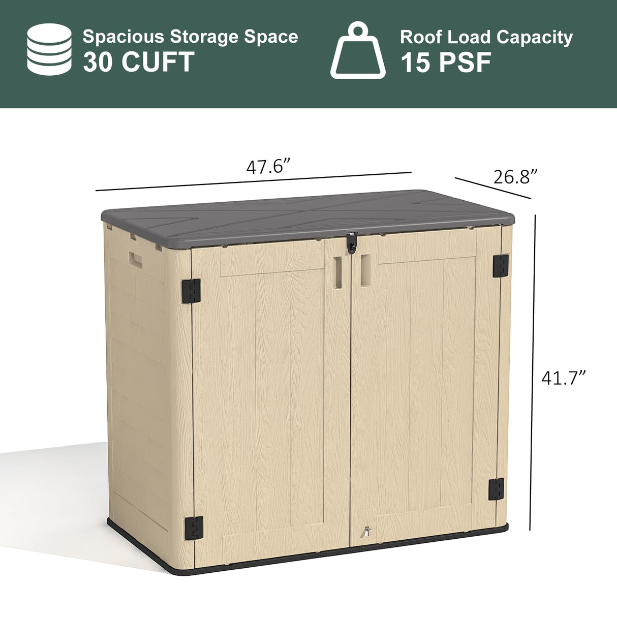 IWDOO 30 Cu.Ft Outdoor Storage Shed, Multi-Purpose Weather-Resistant Utility Shed for Garbage Cans, Lawn Mower, Garden Tools, Waterproof Resin Horizontal Cabinet with Pad-Lockable Doors (Khaki) IWDOO