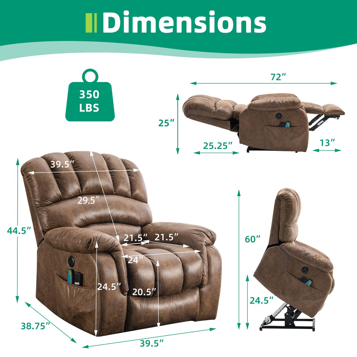 VIVIJASON Large Dual OKIN Motor Power Lift Recliner Chair for Elderly Big Man, 180° Lay Flat Electric Recliner with Heat & Massage, Infinite Position, 2 Remote Controls, Side Pockets & USB Port, Brown VIVIJASON