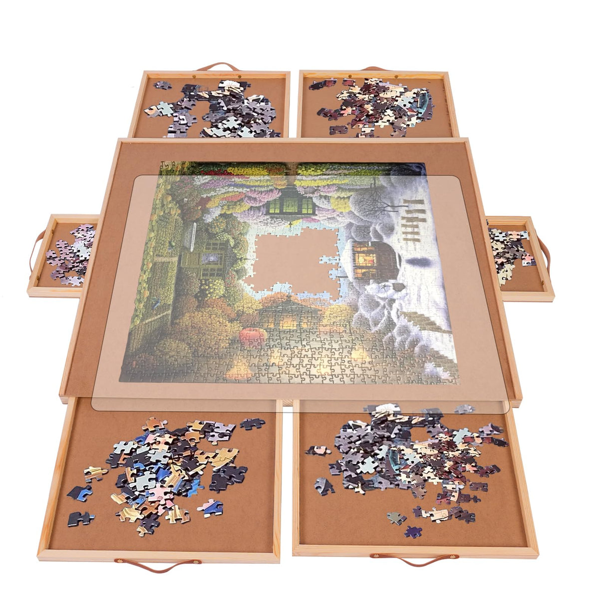 USEFULTEK 1500 Pieces Rotating Puzzle Board with 6 Drawers & Cover, 27"x35" Portable Wooden Jigsaw Puzzle Table for Adults, Lazy Susan Spinning Puzzle Board w/h 2 Large, 4 Small Drawers for Gift USEFULTEK