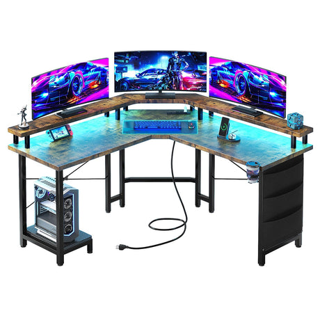 Flrrtenv L Shaped Gaming Desk with LED Lights & Power Outlets, 51" Corner Computer Desk with Full Size Monitor Stand, Storage Bag & CPU Stand for Home Office, Rustic Brown Flrrtenv