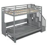 Merax Modern Farmhouse Solid Wood Loft Bed with Murphy Bed Cabinet w/Hydraulic Lift Full Over Full, Wall Bunk Bed with Storage Staircase, Shleves & Desk/Space Saving/Wood Slat Support/Gray Merax