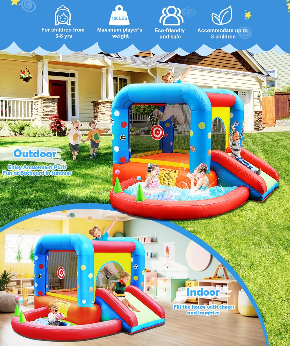 Step4Fun Inflatable Bounce House, Kids Castle Slide Bouncer for Children Jumping Outdoor and Indoor Party, Baby Backyard Water Jumper Toy with Blower, Ball Pit Pool, Ideal Gifts（112 x 98 x 65”） Step4Fun