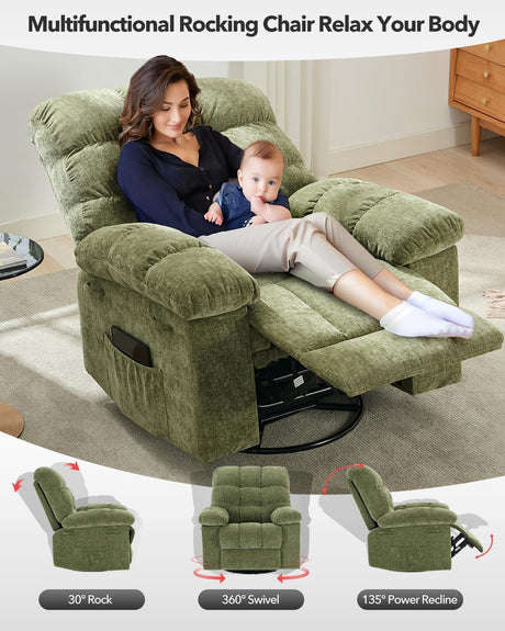 Oversized Swivel Rocker Recliner Chair for Adult, 360° Swivel Rock Recliner, Extra Wide Manual Recliners, Chenille Upholstery Overstuffed Soft Rocking Sofa Chair,Green LIZHOUMIL