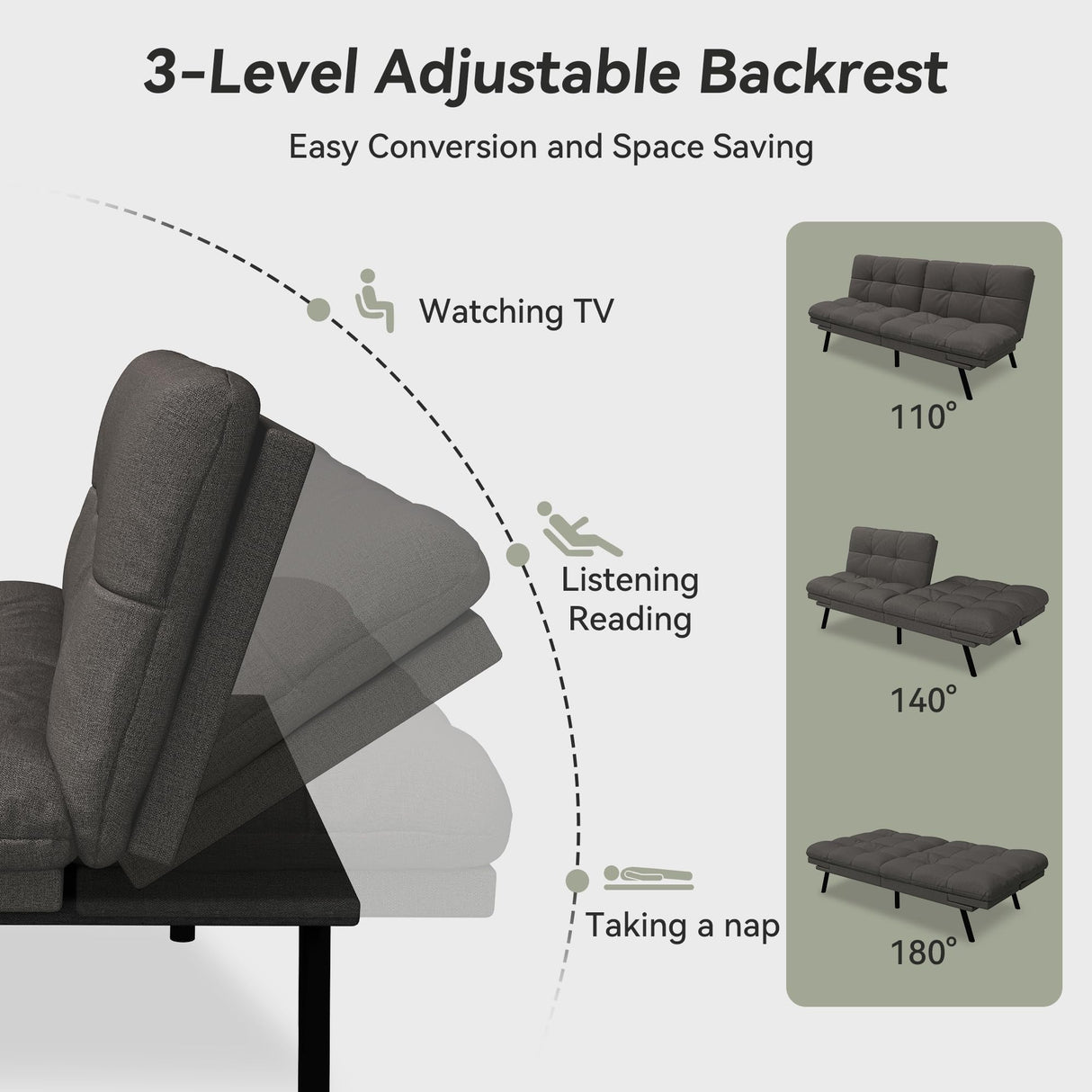 AMICLIBER Convertible Futon Sofa Bed,71" Memory Foam Futon Couch,Detachable Cushion,Adjustable Backrest & Armrest,Linen Modern Loveseat Sleeper Recliner for Living Room,Office,Apartment,Classic Grey AMICLIBER