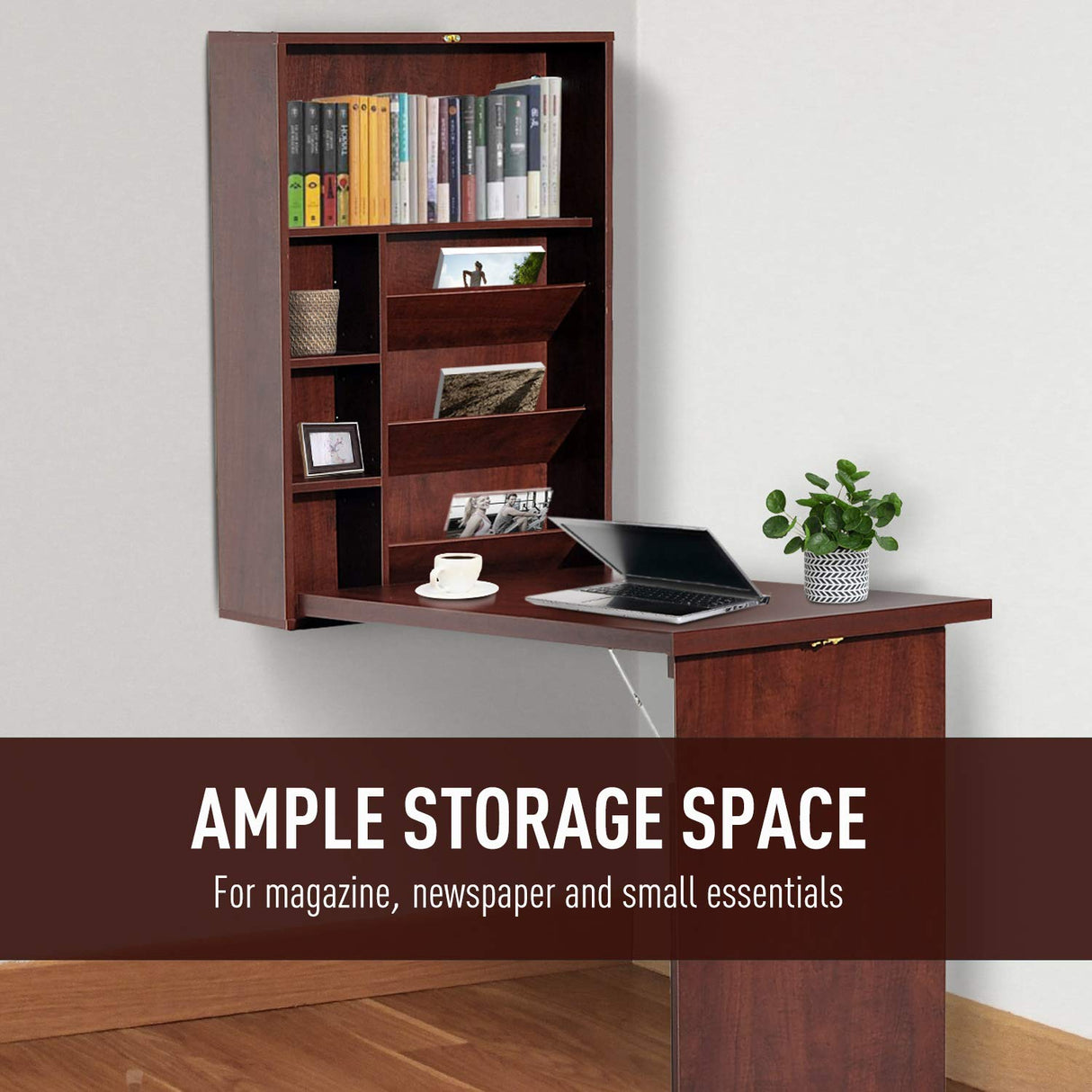 HOMCOM Wall Mounted Desk, Fold Out Convertible Desk, Multi-Function Computer Table Floating Desk with Shelves for Home Office, Mahogany HOMCOM
