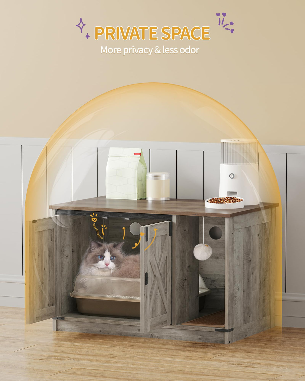 Hzuaneri Cat Litter Box Enclosure, Hidden Litter Box Cabinet Furniture with Cat Bell, Indoor Cat House, Farmhouse Style, 31.5 x 19.7 x 20.9Inches, for Hallway, Bedroom, Light Ivory CB82405X Hzuaneri