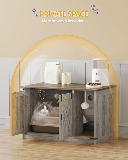 Hzuaneri Cat Litter Box Enclosure, Hidden Litter Box Cabinet Furniture with Cat Bell, Indoor Cat House, Farmhouse Style, 31.5 x 19.7 x 20.9Inches, for Hallway, Bedroom, Light Ivory CB82405X