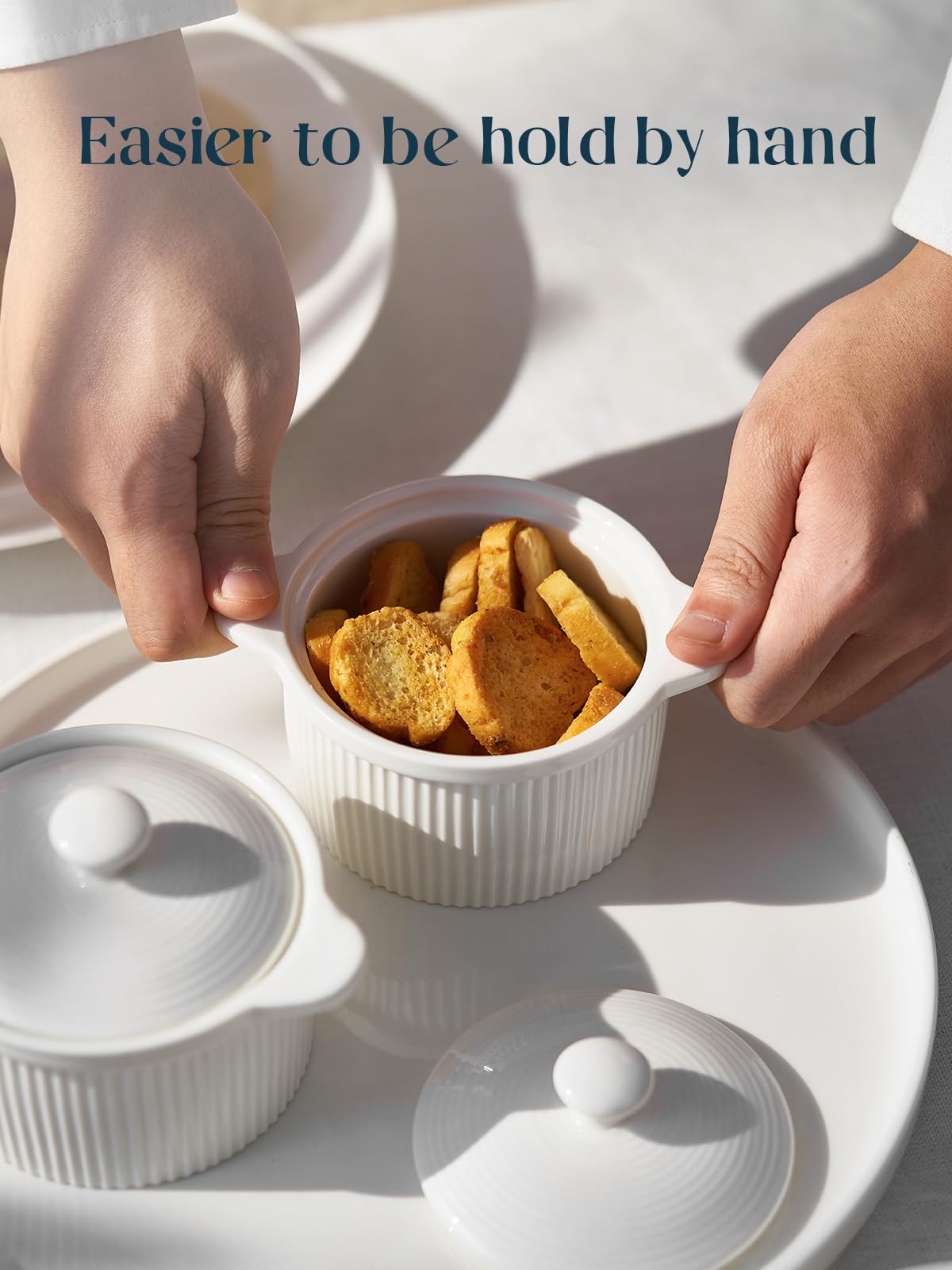 DOWAN 7 oz Ramekins with Lids Oven Safe, Creme Brulee Ramekins with Cover and Handle, Stackable Ceramic Bowls for Baking, Pudding, Dipping, Souffle Dish, Set of 4, White DOWAN