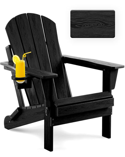 Serique Folding Adirondack Chair Wood Texture, Patio Chair Weather Resistant, Outdoor Chair, Lawn Chair with Cup Holder, Fire Pit Chair for Deck, Outdoor, Porch, Backyard, Garden (Black) - WoodArtSupply