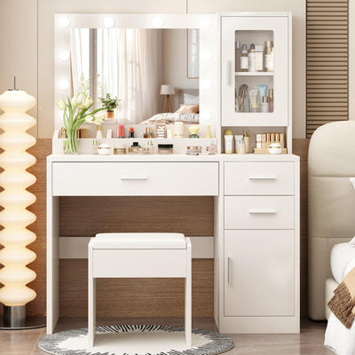 ENDYOE Makeup Vanity Desk Set with LED Lights Mirror Chair, Vanity Table with 7 Storage Shelves and 3 Drawers,3 Lighting Modes Adjustable Brightness Dressing Table for Bedroom,White