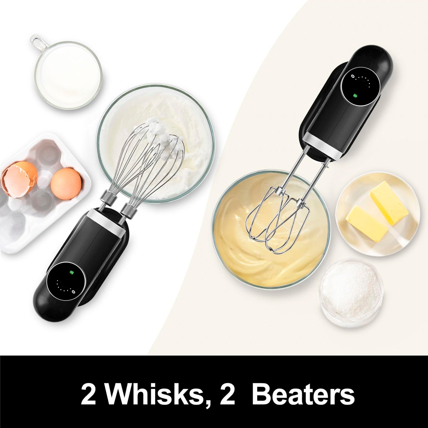 Kitchen in the box Cordless Rechargeable Handheld Mixer for Kitchen, Portable Electric Kitchen Mixer with Beaters, Whisks, 6-Speed Digital Display, Charging Base and USB-C Charge Cable (Classic Black)