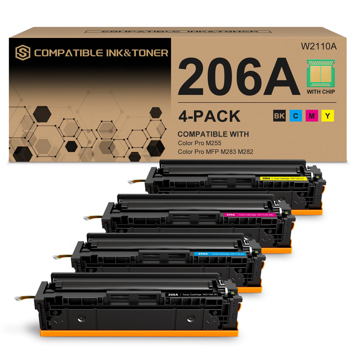 206A Toner Cartridges 4 Pack (with Chip) Works with HP Color Pro MFP M283fdw M283cdw, Pro M255dw M255nw, MFP M282nw M283 M282 M255 Printer | W2110A W2111A W2112A W2113A 206X W2110X S SMARTOMNI
