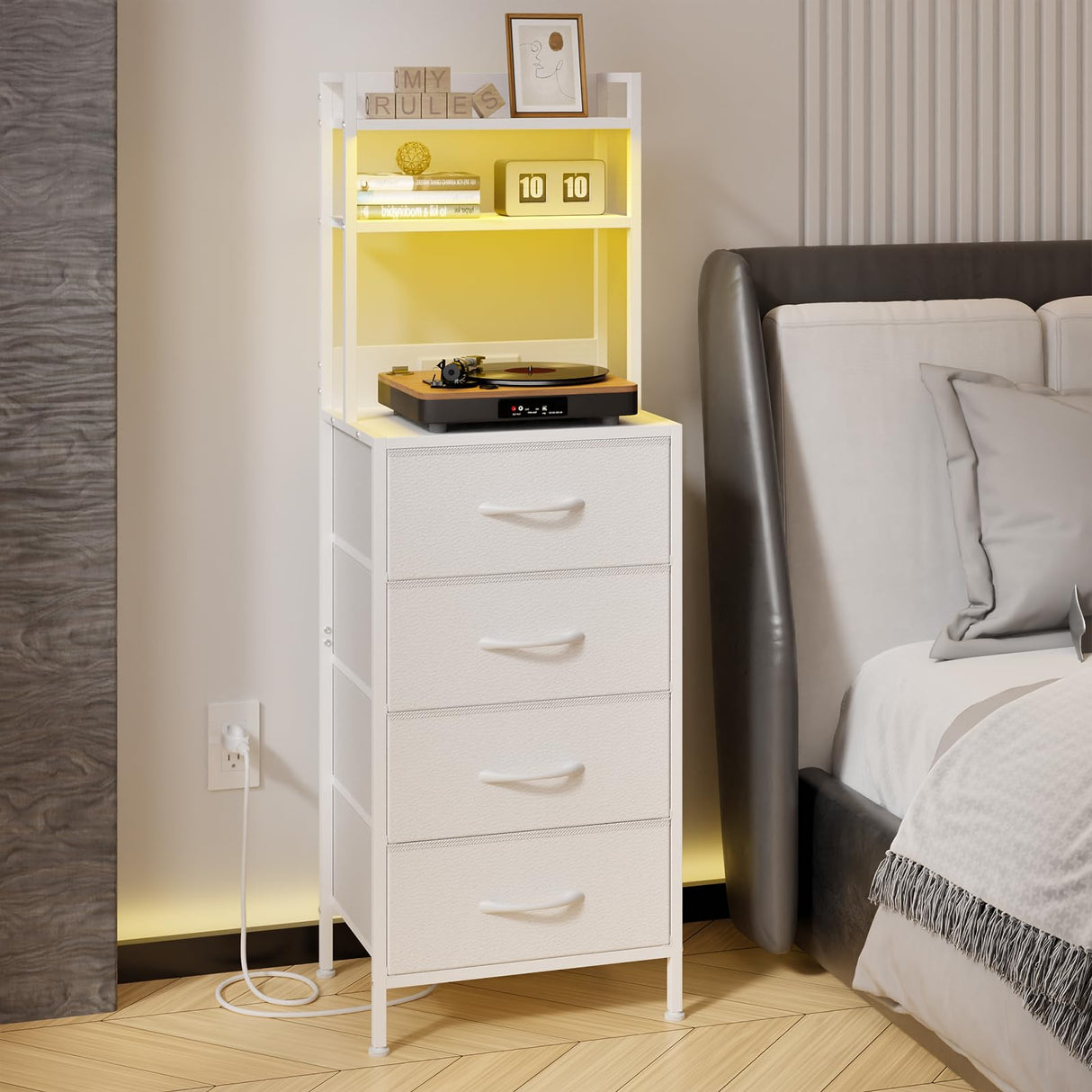 Fixwal 47 Inch Tall Nightstand with Charging Station, Led Night Stand with Socket, 4 PU Finished Fabric Storage Drawers, Office, Bedside Table & Bookshelf in One, White Fixwal