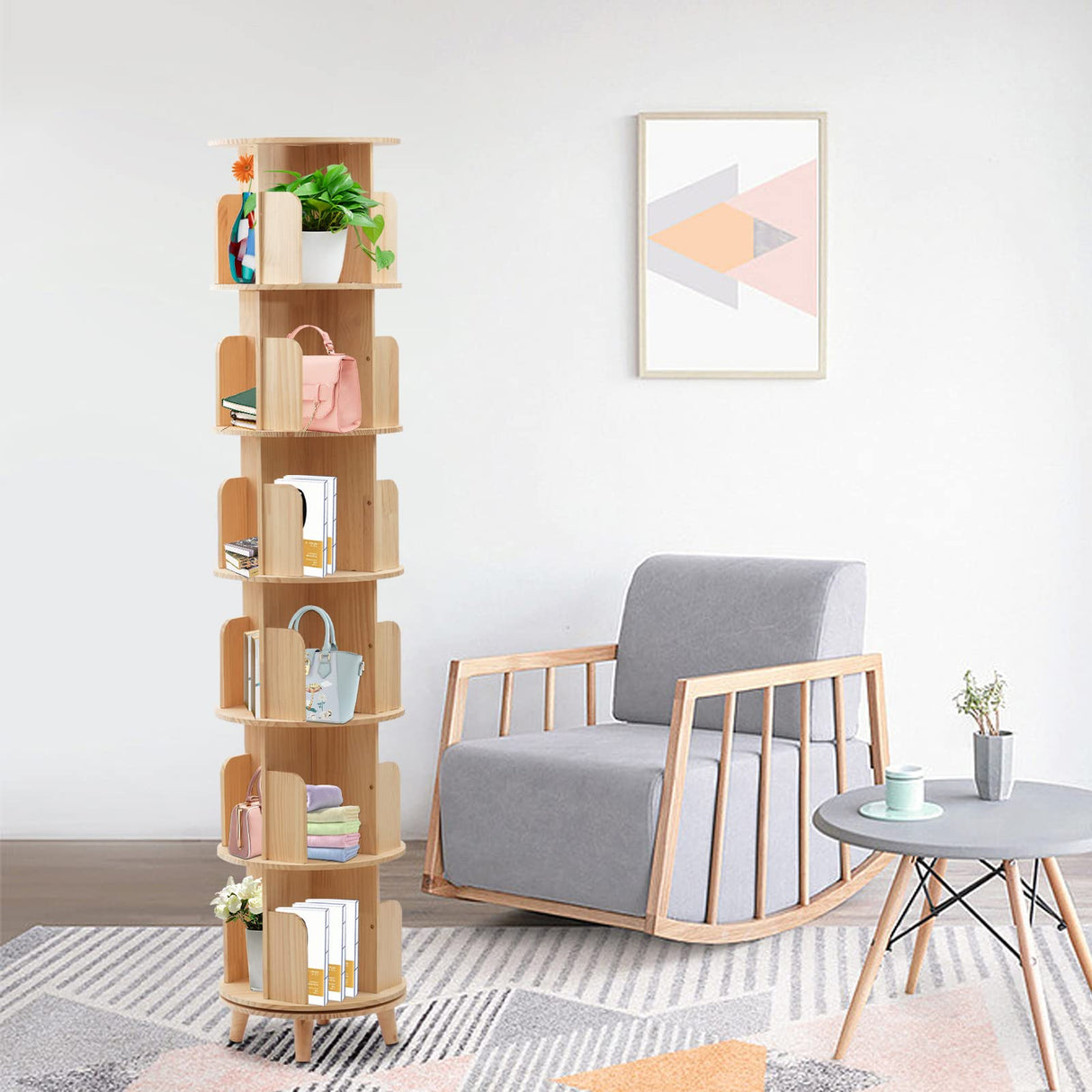 GNJINX 6-Tier Rotating Solid Wood Bookshelf - Stylish and Space-Saving Storage Rack GNJINX