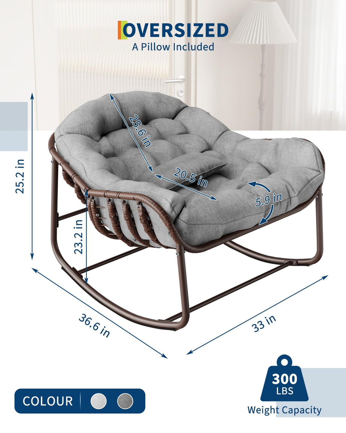 GarveeLife Outdoor Papasan Rocking Chair, Oversized Wicker Lounge Chair with Cushion and Metal Frame, Patio Rattan Egg Rocker for Balcony Backyard Porch Bedroom, Grey GarveeLife