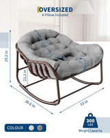 GarveeLife Outdoor Papasan Rocking Chair, Oversized Wicker Lounge Chair with Cushion and Metal Frame, Patio Rattan Egg Rocker for Balcony Backyard Porch Bedroom, Grey GarveeLife