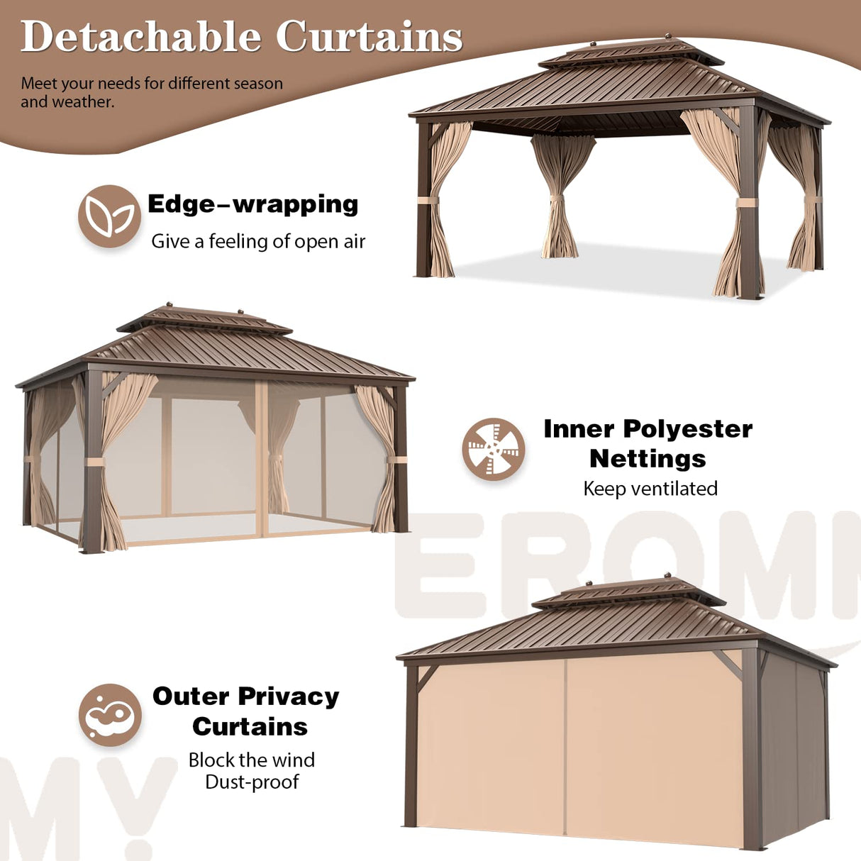 EROMMY 10'x13' Hardtop Gazebo, Galvanized Steel Outdoor Aluminum Canopy with Netting and Shaded Curtains, Double Roof Pergolas, Permanent Metal Pavilion for Patio, Backyard, Deck and Lawns, Brown EROMMY