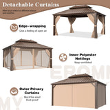 EROMMY 10'x13' Hardtop Gazebo, Galvanized Steel Outdoor Aluminum Canopy with Netting and Shaded Curtains, Double Roof Pergolas, Permanent Metal Pavilion for Patio, Backyard, Deck and Lawns, Brown EROMMY