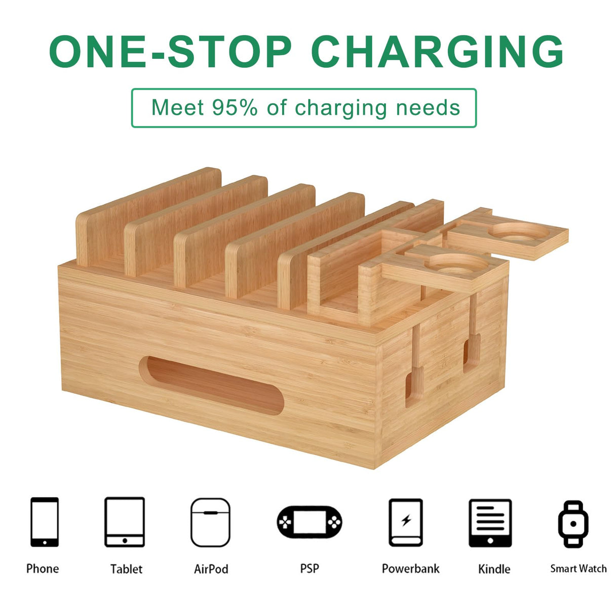 Deefielly Bamboo Charging Stations for Multi Devices with 5 Port USB Charger, 6 Cables, Desktop Wood Docking Station Charger Organizer for Cell Phones, Tablets,Earphone, Watches Deefielly
