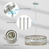 XINGQI 21.7'' Modern Farmhouse Chandelier, Drum Ceiling Light Fixture for Living Dining Room Over Table, 5 Lights Antique Wood Grain Brushed Nickel with Round Metal XINGQI