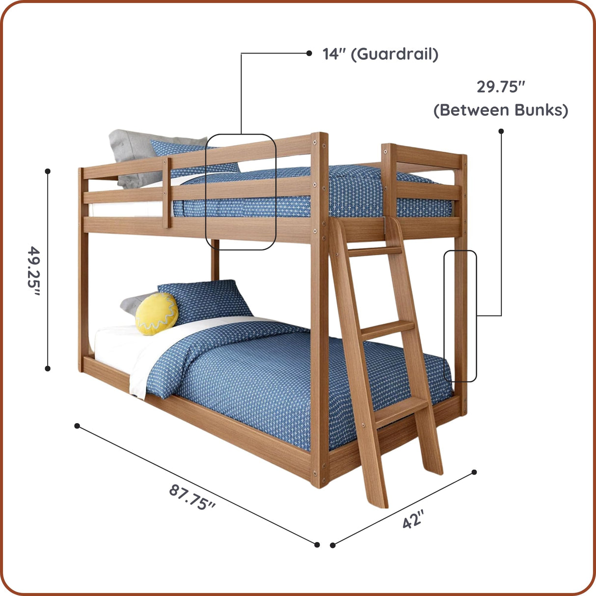 Grain & Grove Bear Twin Over Twin Bunk Bed, Low Bunk Bed Frame for Kids, Bunk with Ladder, Guardrail, and Slats, No Box Spring Required, Oak Embossed Pecan Grain & Grove