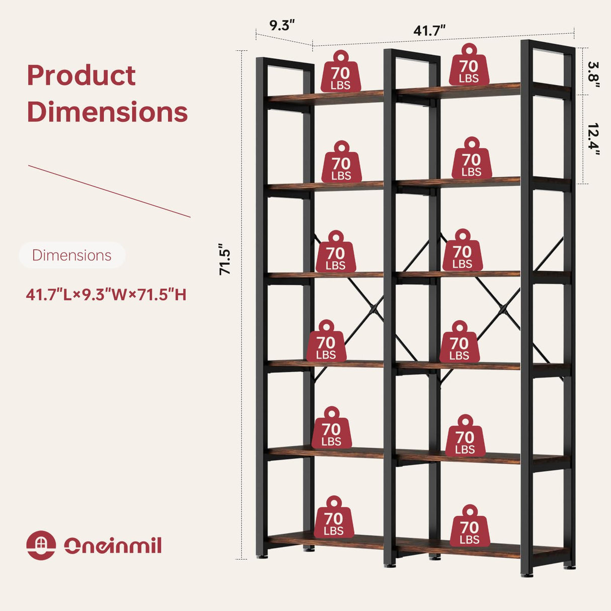 oneinmil Bookshelf 6 Tier, 71.5'' Industrial Wood Bookshelves, Book Shelf with 12 Open Display Shelves & Metal Frame, Tall Bookcase for Home and Office, Rustic Brown oneinmil