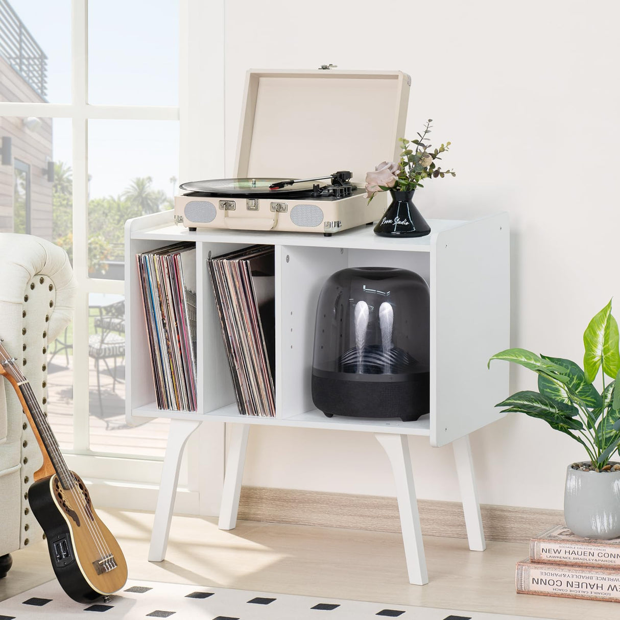 LELELINKY Record Player Stand,Vinyl Record Storage Table with 4 Cabinet Up to 120 Albums,Mid-Century Turntable Stand with Wood Legs,White Vinyl Holder Display Shelf for Bedroom Living Room LELELINKY