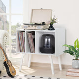 LELELINKY Record Player Stand,Vinyl Record Storage Table with 4 Cabinet Up to 120 Albums,Mid-Century Turntable Stand with Wood Legs,White Vinyl Holder Display Shelf for Bedroom Living Room LELELINKY