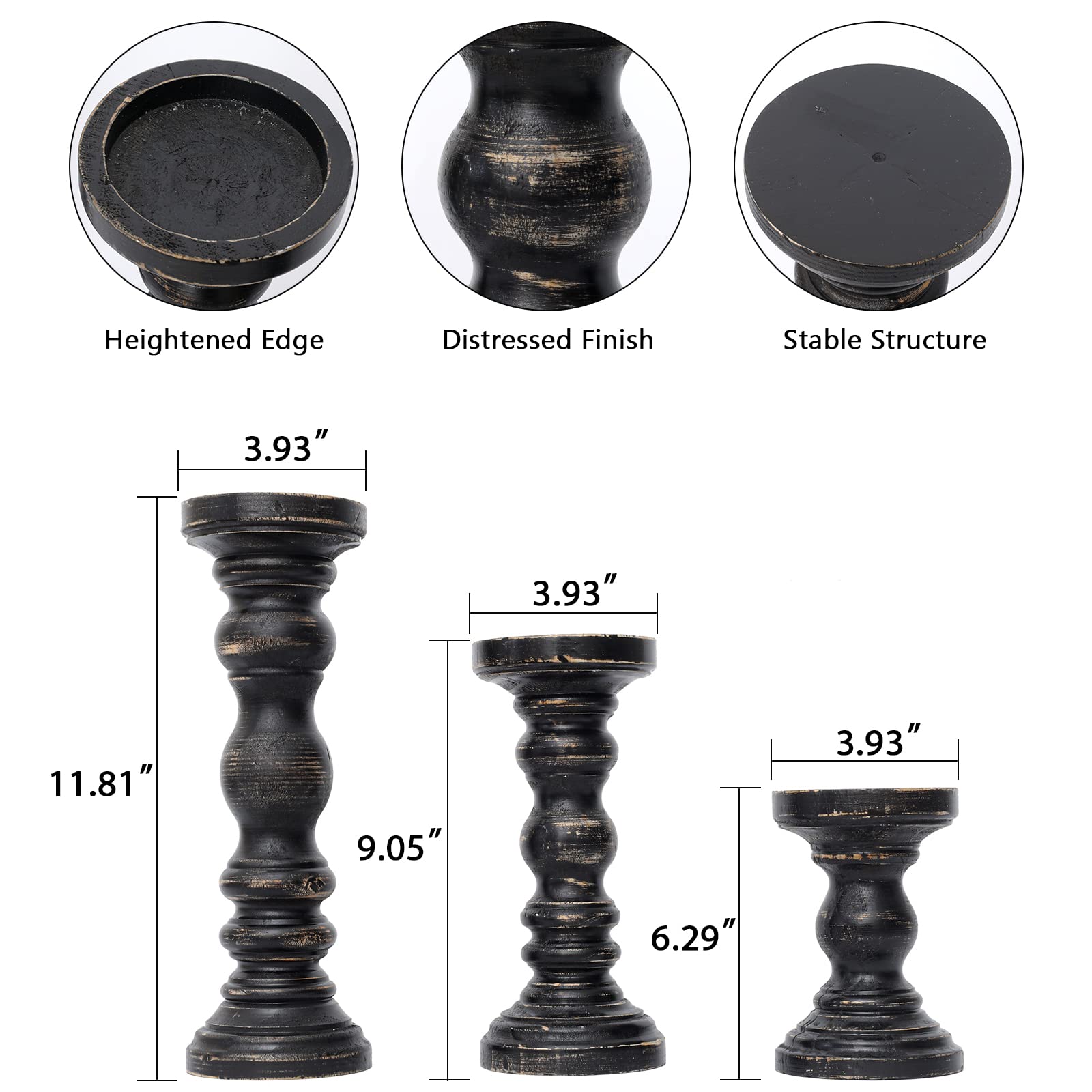 SwallowLiving Rustic Farmhouse Wood Pillar Candle Holder Set of 3 for Candlestick, Black - WoodArtSupply