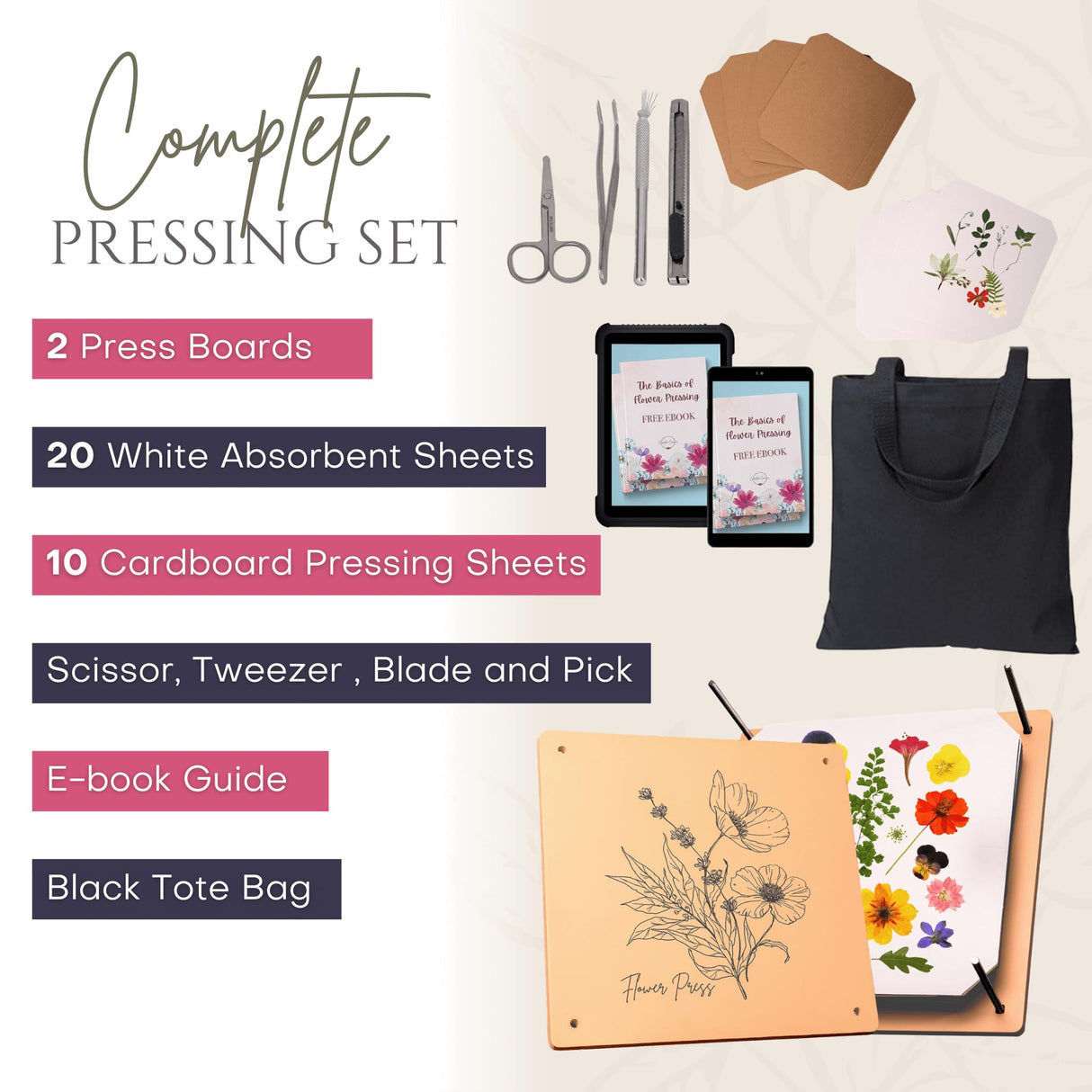 Wooden Flower Press - Durable Bolt Lock Design Complete Pressing Kit w/White Absorbent Sheets, Ebook Guide & More - 10 Layers for Drying & Preserving Flowers - Ideal Craft Gift for Nature Lovers Carnation Canvas
