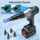 2-IN-1 Cordless Rivet Nut Gun Set (10-24 & 1/4 & 5/16 & 3/8), Portable Battery Powered Pop Rivet Insert Installation Tool Automatic Manual Range Memory Mode Electric Assembly Nutsert Gun 4pcs Adapter WonVon