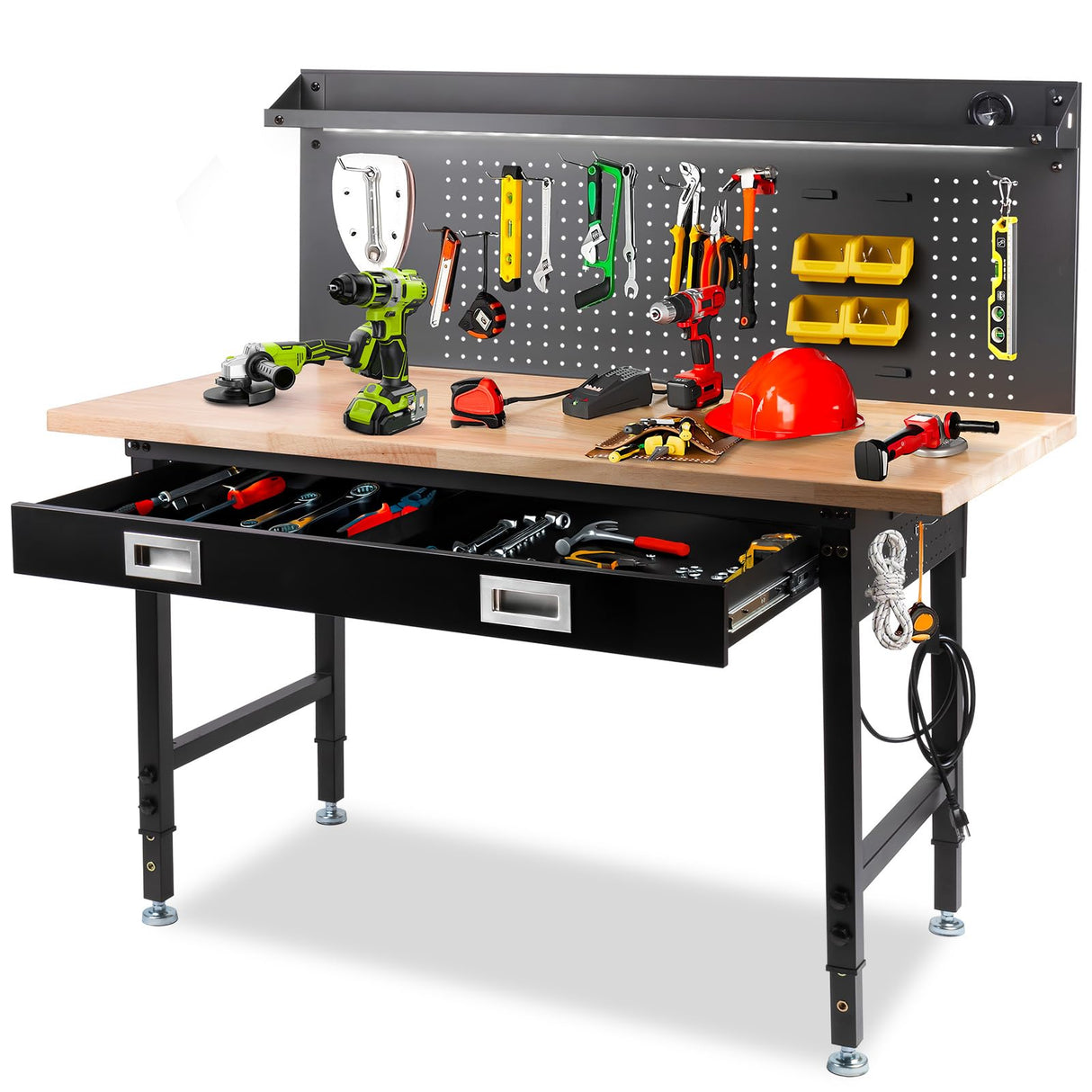 MUWOOD 60" Workbench with Drawers, Work Benches for Garage with Strip Light, Adjustable Work Table with Large Pegboard, 2000 LBS Heavy Duty Table with Power Outlet Rubber Wood for Garage, Office MUWOOD